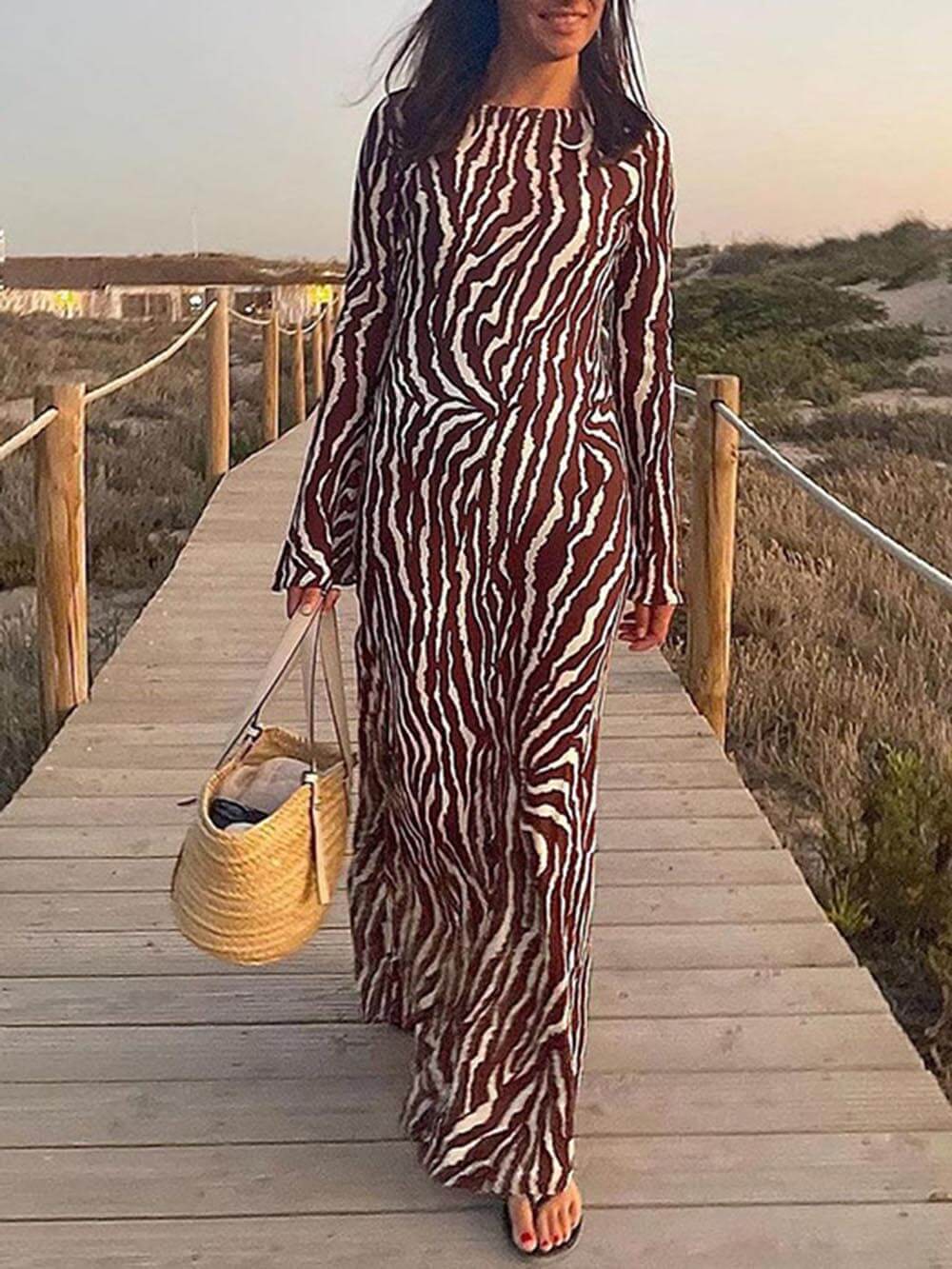 Unique Print Boat Neck Bell Sleeve Bias Cut Maxi Dress
