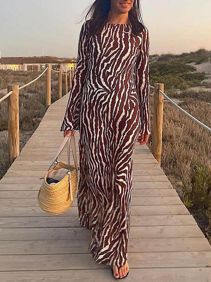 Unique Print Boat Neck Bell Sleeve Bias Cut Maxi Dress