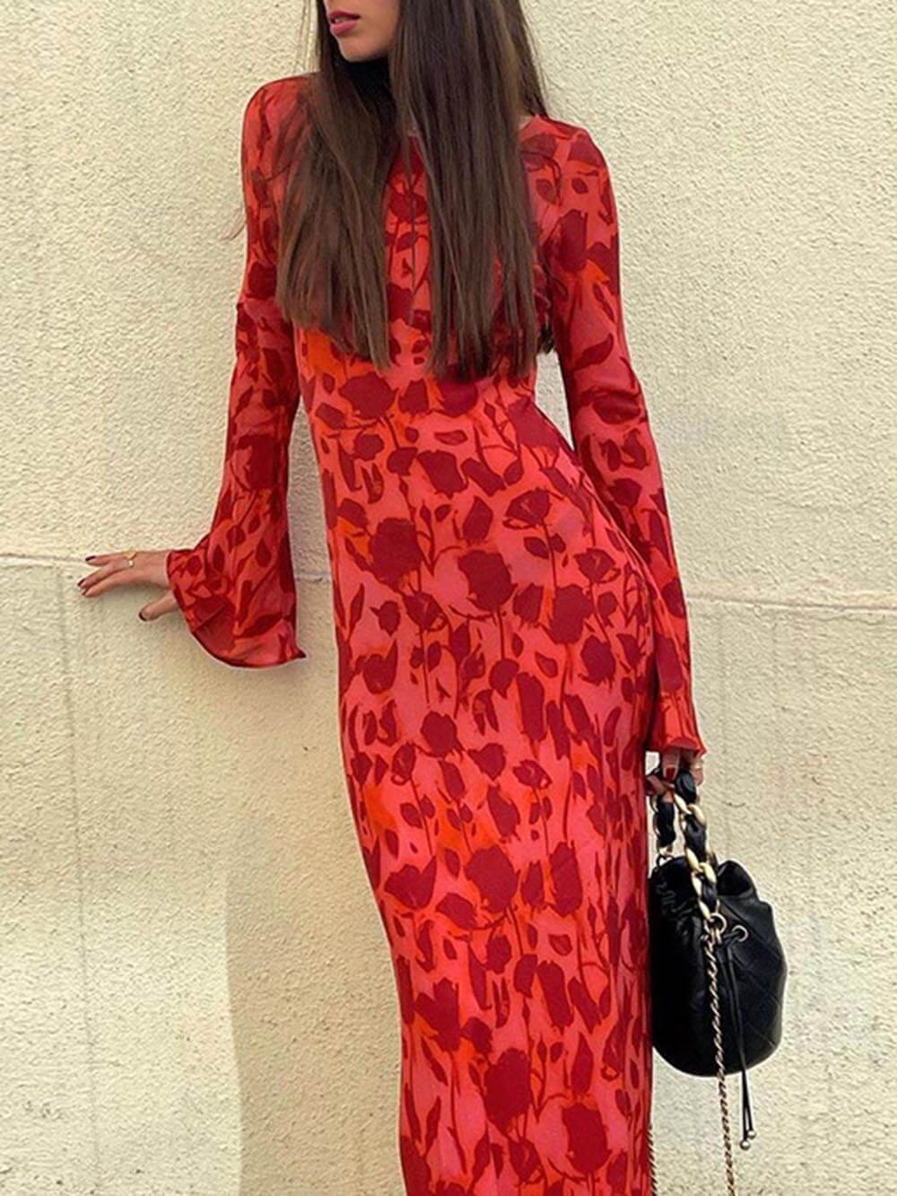 Unique Print Boat Neck Bell Sleeve Bias Cut Maxi Dress
