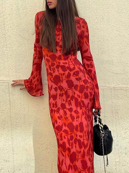 Unique Print Boat Neck Bell Sleeve Bias Cut Maxi Dress