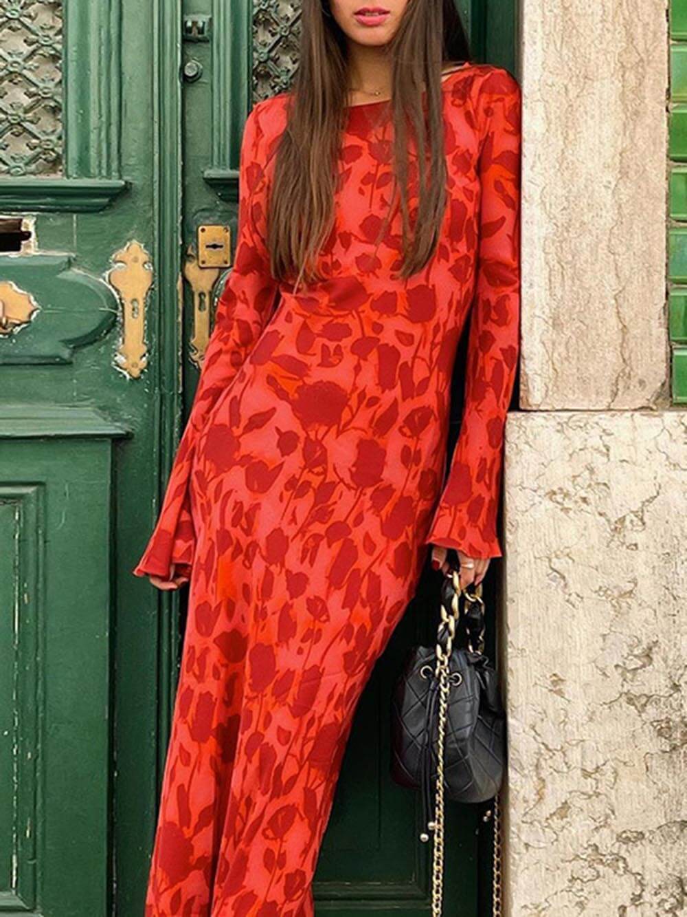 Unique Print Boat Neck Bell Sleeve Bias Cut Maxi Dress