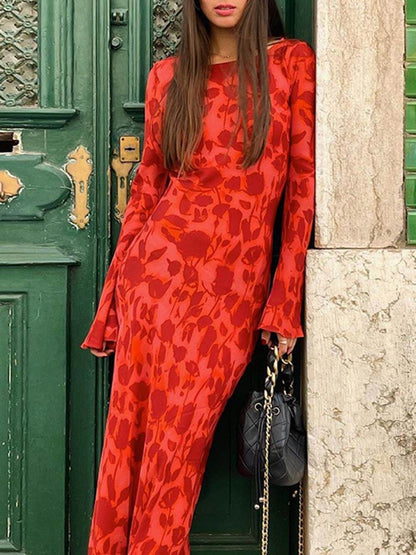 Unique Print Boat Neck Bell Sleeve Bias Cut Maxi Dress
