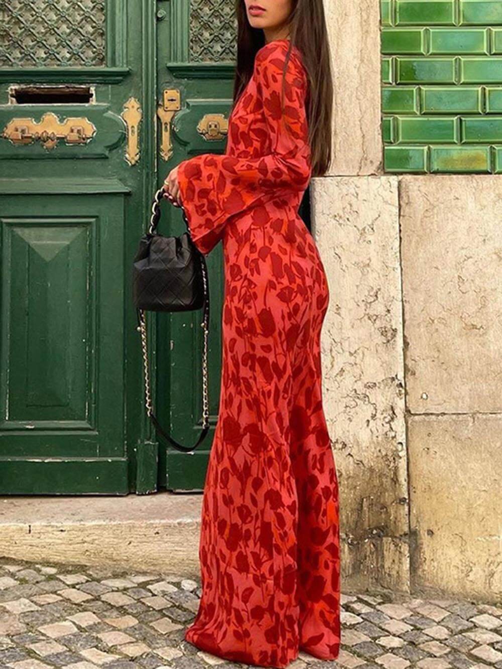 Unique Print Boat Neck Bell Sleeve Bias Cut Maxi Dress