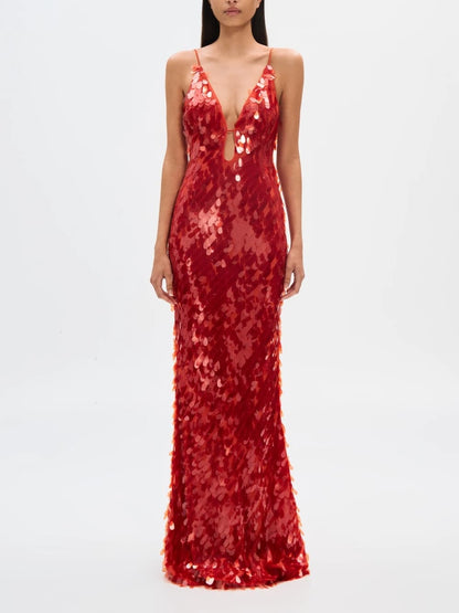 Plunging Hollow Cami Backless Sequin Dress