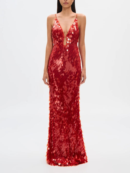 Plunging Hollow Cami Backless Sequin Dress