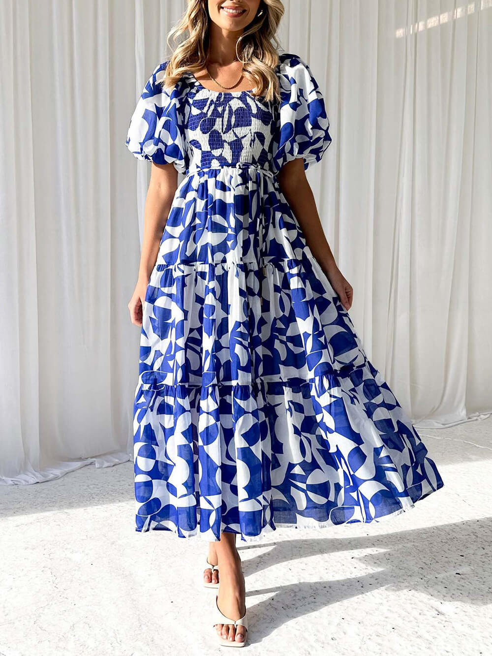 Elegant Floral Off-Shoulder Puff Sleeve Dress