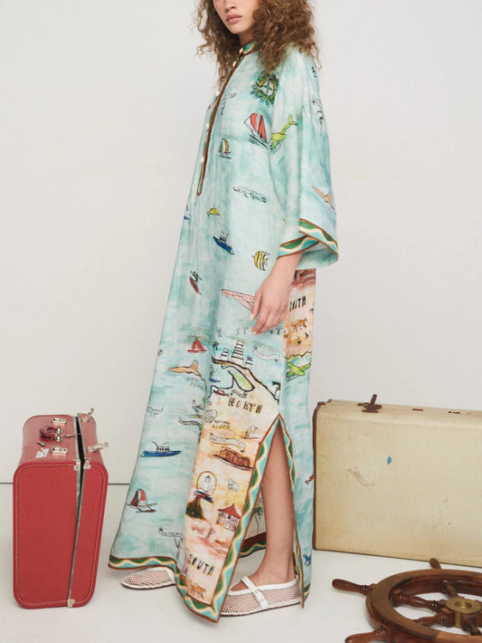 Modern Satin Art Island Print Slit Dress