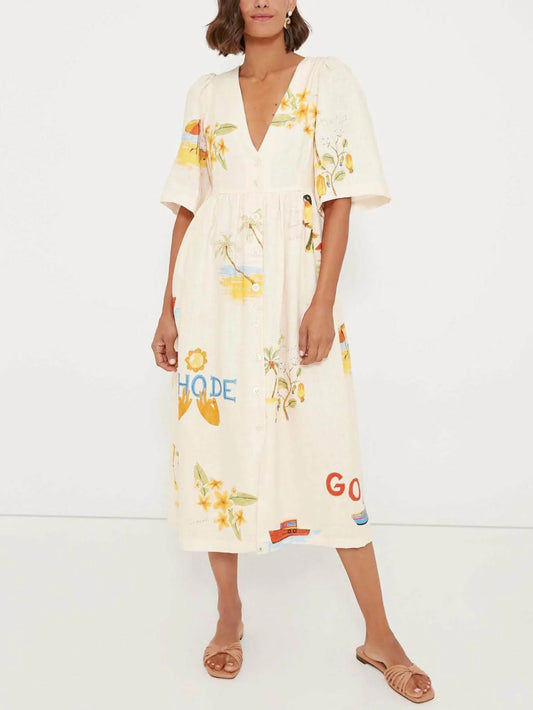 Unique Holiday Folk Floral Print Puff Sleeve Dress