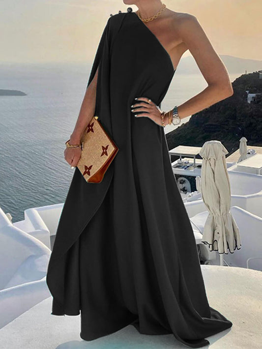Fashionable Solid Color Loose One Shoulder Dress