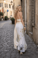 Sexy Backless Halter Top Slim Printed Maxi Skirt Set