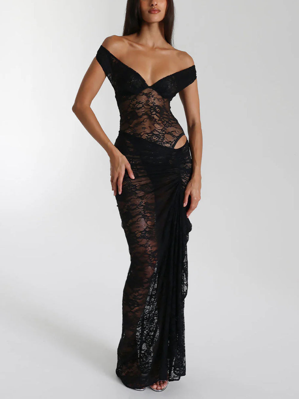 Lace Off-Shoulder Jumpsuit High-Waist Maxi Dress