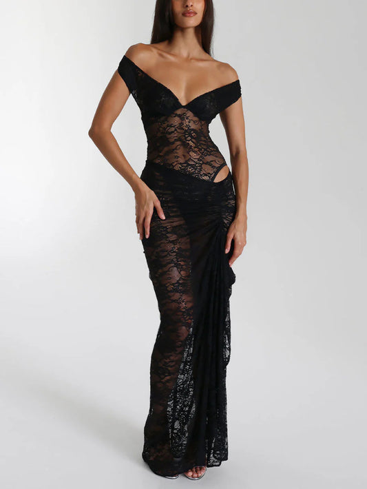 Lace Off-Shoulder Jumpsuit High-Waist Maxi Dress