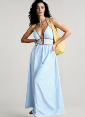 Deep V Neck Striped Backless Maxi Dress