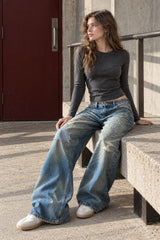 Vintage Washed Distressed Straight Leg Jeans
