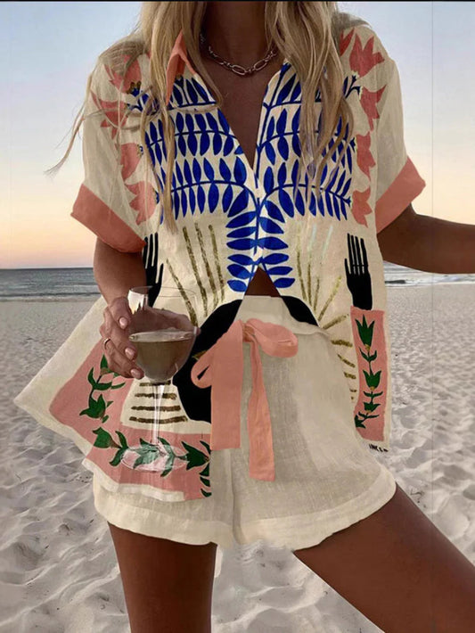 Graffiti Plant Print Shirt Shorts Set