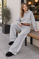 Stripe Plaid Panel Double Waist Wide Leg Pants