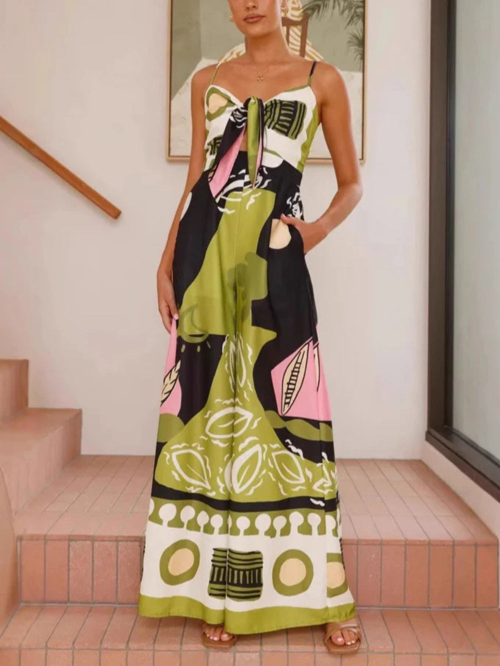 Painted Print Spaghetti Strap Wide-Leg Jumpsuit