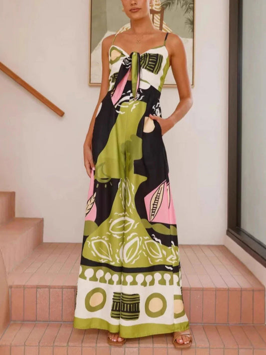 Painted Print Spaghetti Strap Wide-Leg Jumpsuit