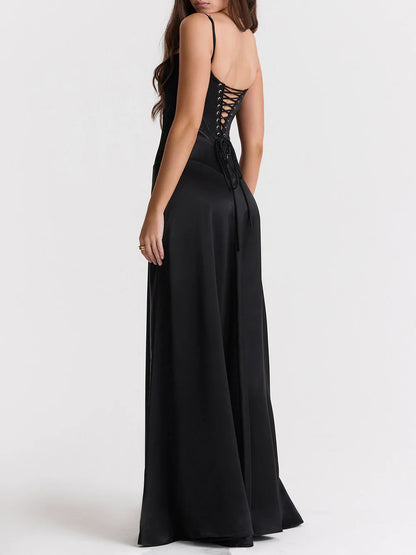 French Tie Slim Backless Evening Gown Maxi Dress