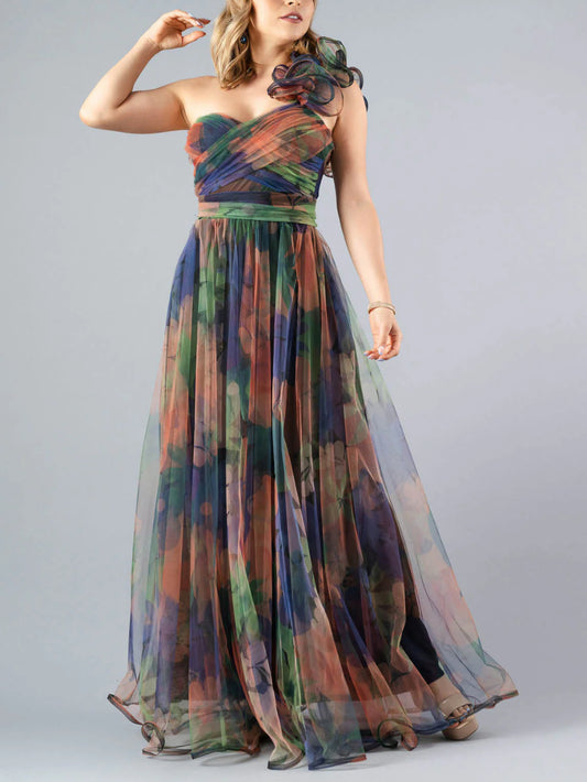 Sleeveless One-Shoulder Deep V Backless Evening Gown