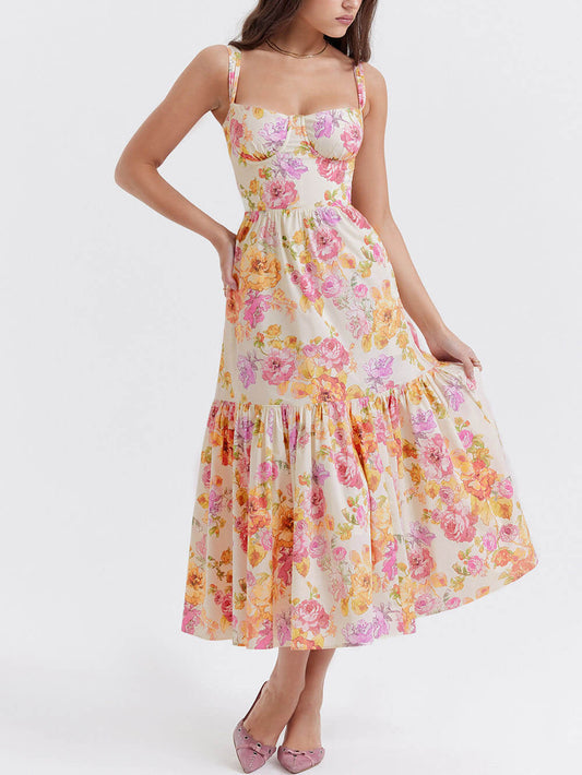 Strap A-Line Hem Floral Midi Dress