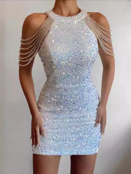 Elegant Crystal Chain Embellished Sequin Dress