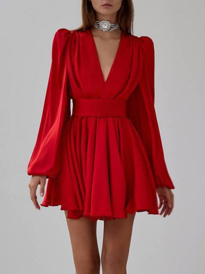 Bubble Sleeve Pleated Waist Dress