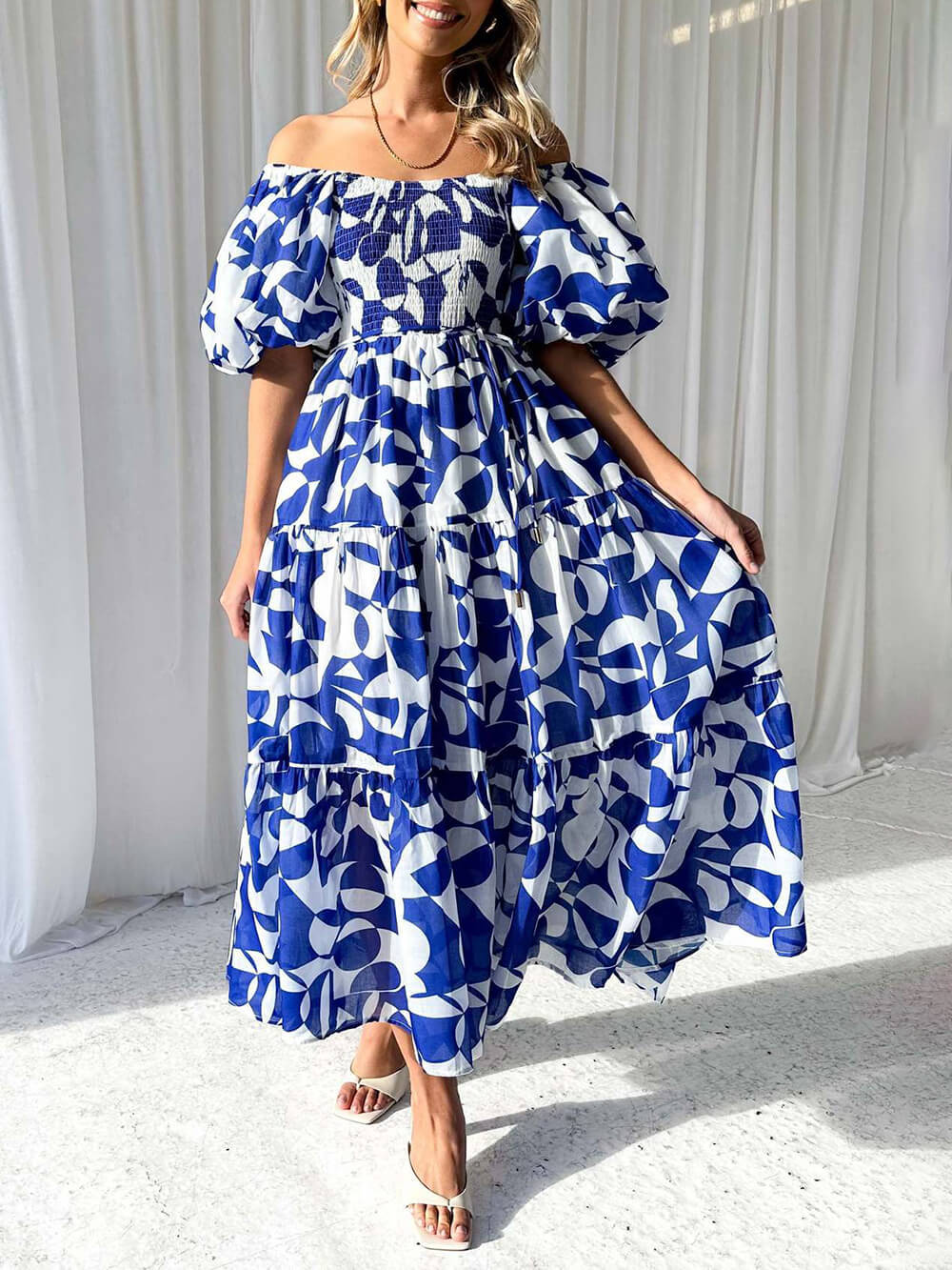 Elegant Floral Off-Shoulder Puff Sleeve Dress