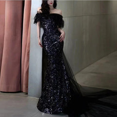 Sequined Off-Shoulder Evening Gown