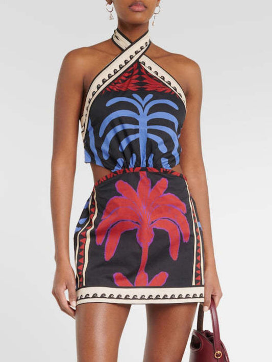 Unique Summer Print Halter Neck Fitted Dress