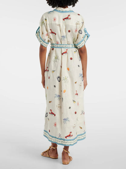 Fresh Ocean Lobster Print Lace-Up Shirt Dress