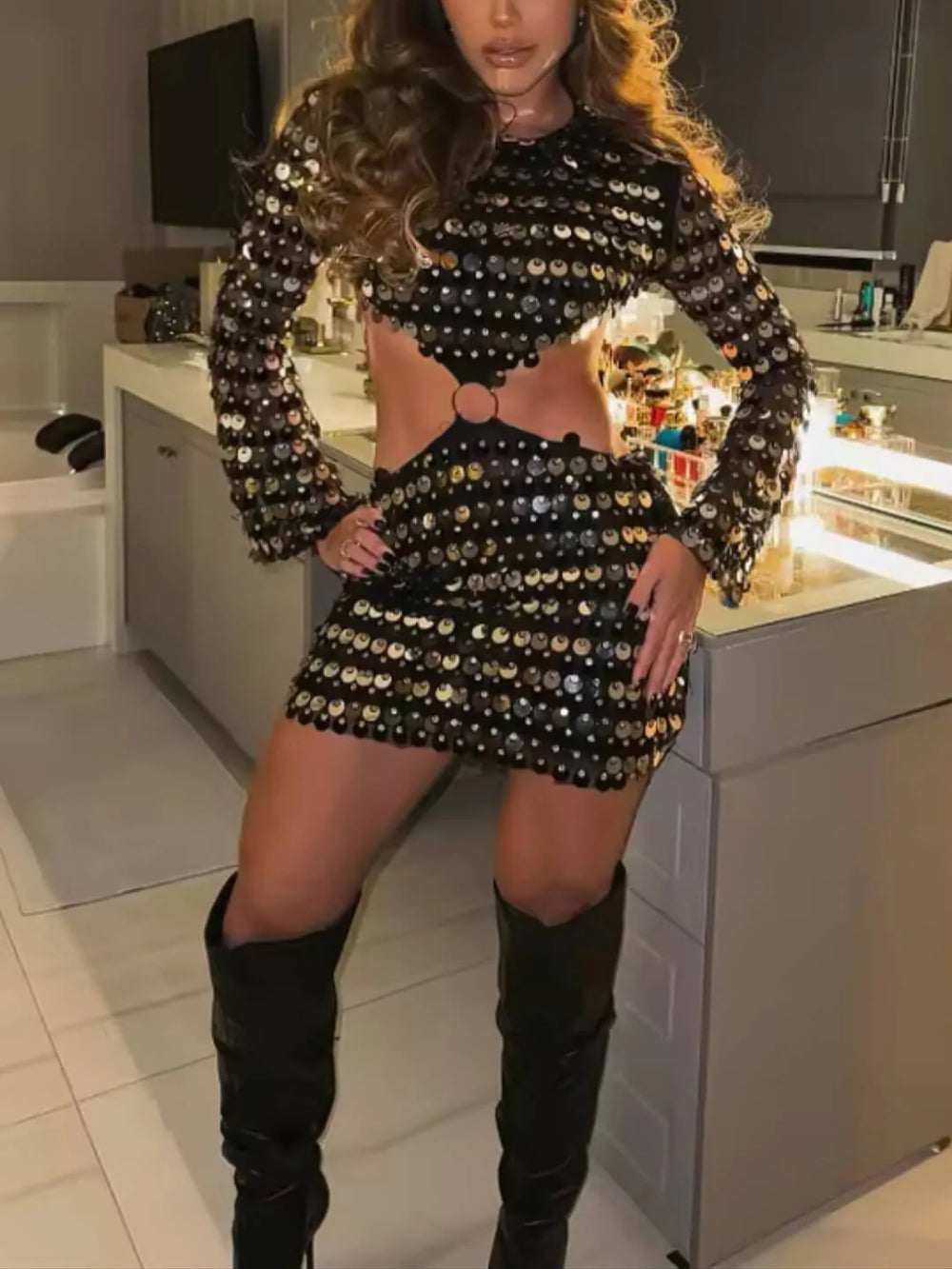 Elegant Sequin Detail Cutout Long Sleeve Dress