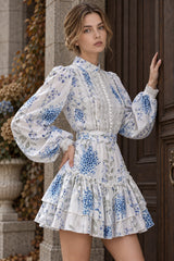 Floral Print Stand Collar Puff Sleeve Ruffle Maxi Dress