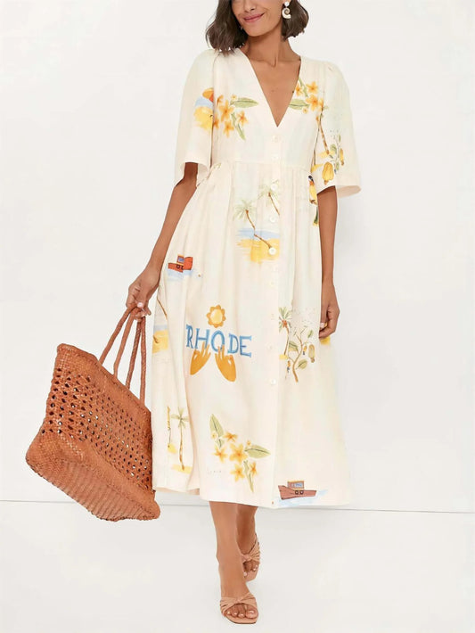 Unique Holiday Folk Floral Print Puff Sleeve Dress