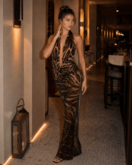 Sexy Printed Rhinestone Halter Backless Maxi Dress