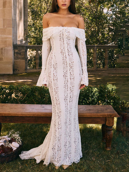 Lace Off-Shoulder Bell Sleeve Bodycon Gown