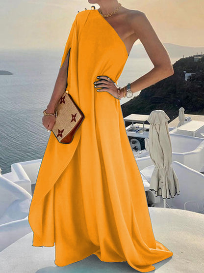 Fashionable Solid Color Loose One Shoulder Dress