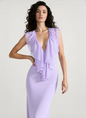 Simple Deep V Ruffle Solid Elegant Maxi Dress