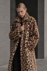 Leopard Print Notched Collar Longline Faux Fur Overcoat