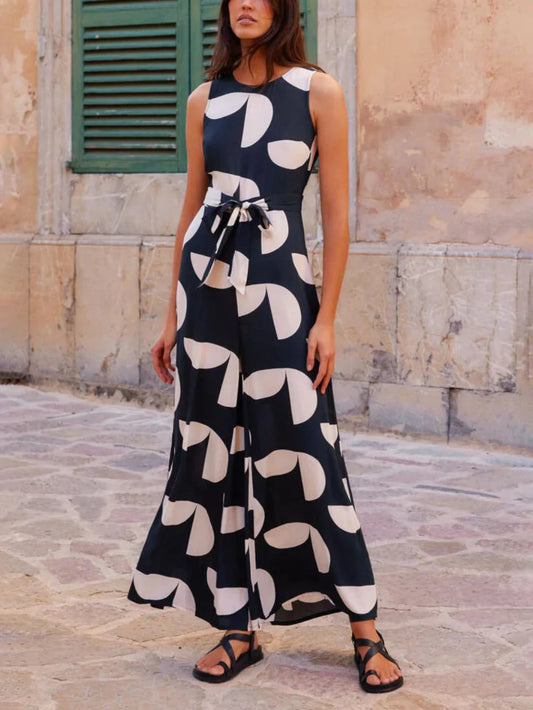 Round Neck Printed Waist Wide-Leg Jumpsuit
