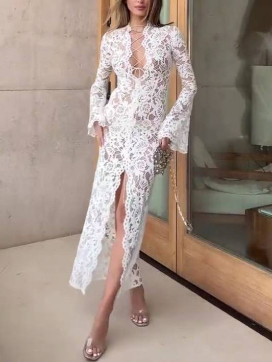 V-Neck Tie-Strap Lace Midi Dress