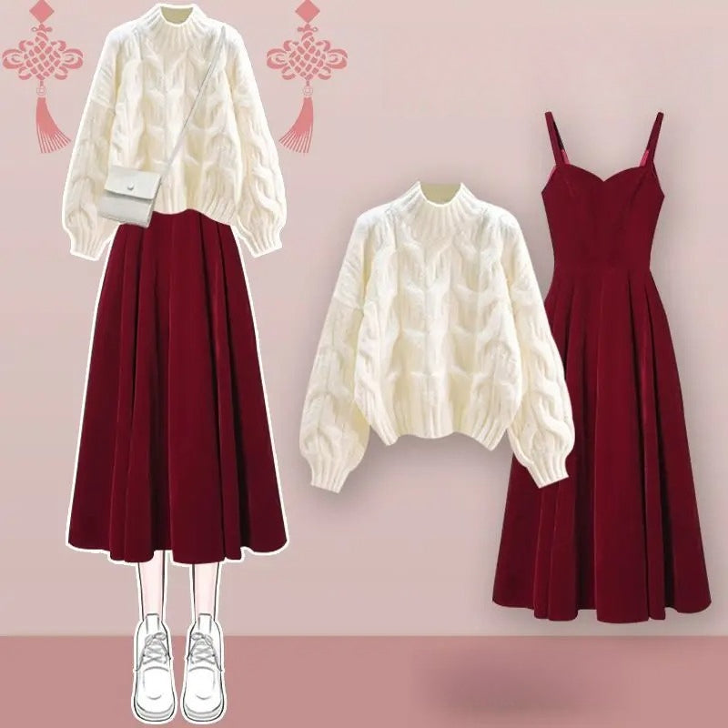 Red Knitted Two-Piece Dress Set