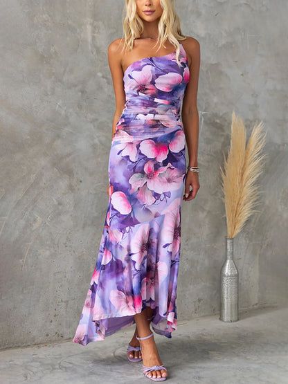 Casual Off-Shoulder Floral Print Elastic Slim Irregular Dress