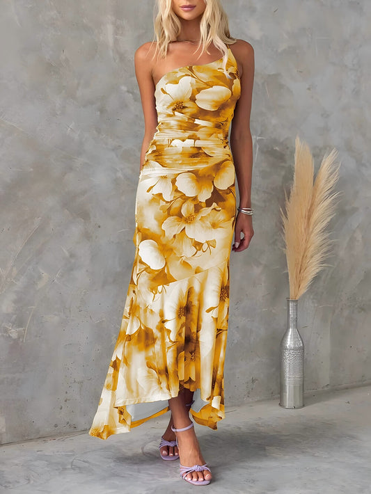 Casual Off-Shoulder Floral Print Elastic Slim Irregular Dress