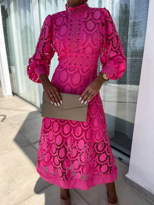 Lace Stand Collar Puff Sleeve Dress