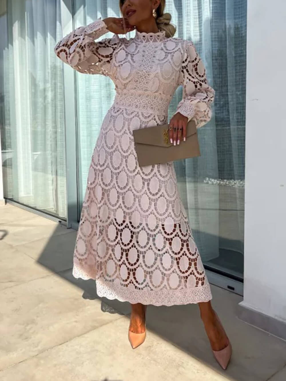 Lace Stand Collar Puff Sleeve Dress