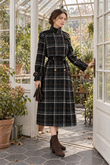 Autumn Winter Long Loose Warm Plaid Wool Blends Sleeve Belt Double Breasted Woolen Stylish Coat