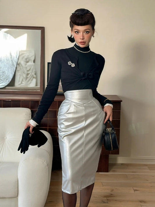 Silver PU Leather High Waist Midi Skirt