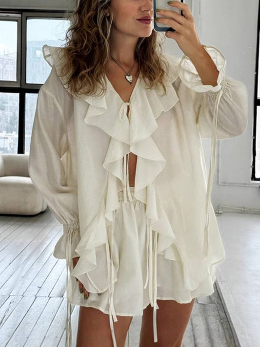 Ruffled V-Neck Top & Shorts Set