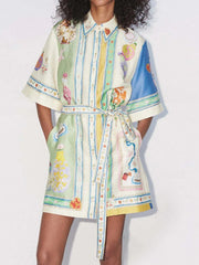 Exquisite Oil Painting Print Lace-Up Cardigan Mini Dress